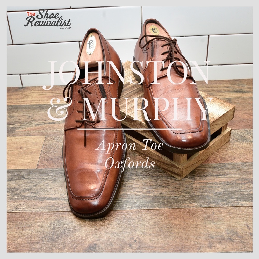 JOHNSTON MURPHY 59 10192 Men Sz 12M Brown Leather Apron Toe Oxfords 36-2.